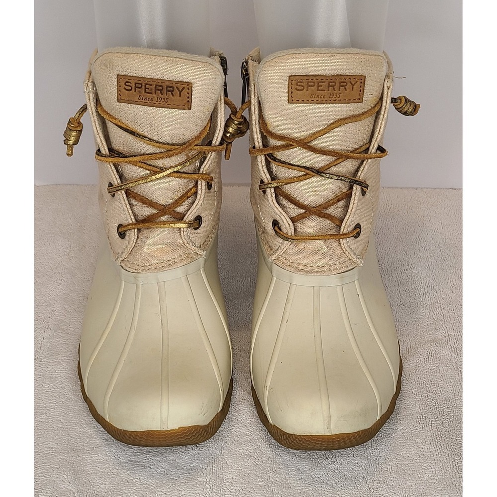 Sperry Duck Boots Women's Size 9 Ivory Canvas Waterproof Rubber Sole Zip-Up Shoe